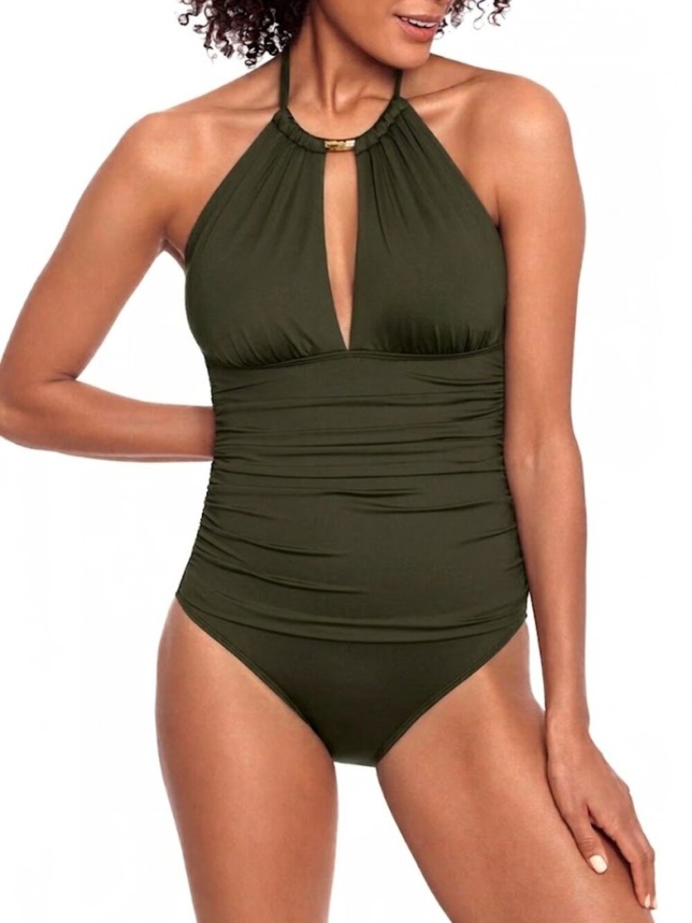 Lauren Ralph Lauren High Neck One-Piece Slimming Swimsuit Olive Green Size 4 NWT